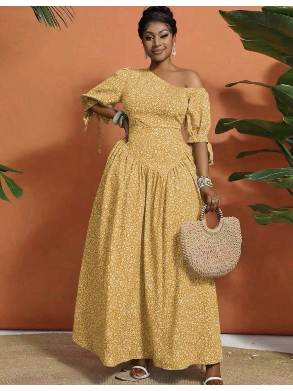 SHEIN Lunessa Women Ditsy Floral Oblique Shoulder Puff Sleeves Long Dress L
